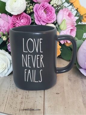 Rae Dunn Matte Black 'Love Never Fails' Ceramic Coffee Mug
